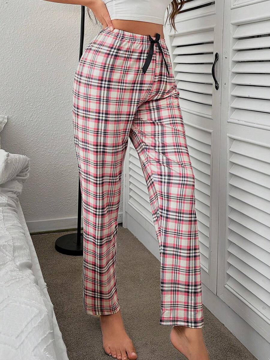 8873 1t-007 Pantalones de dormir con estampado de cuadros con lazo delantero