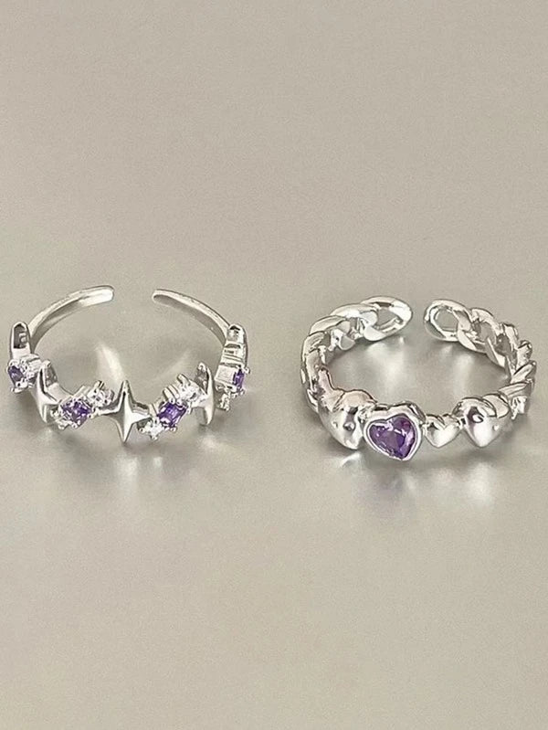 7367 b03-13 Dos piezas Anillo de moda aleación de zinc abierto ajustable con corazón con púrpura zirconia cúbica