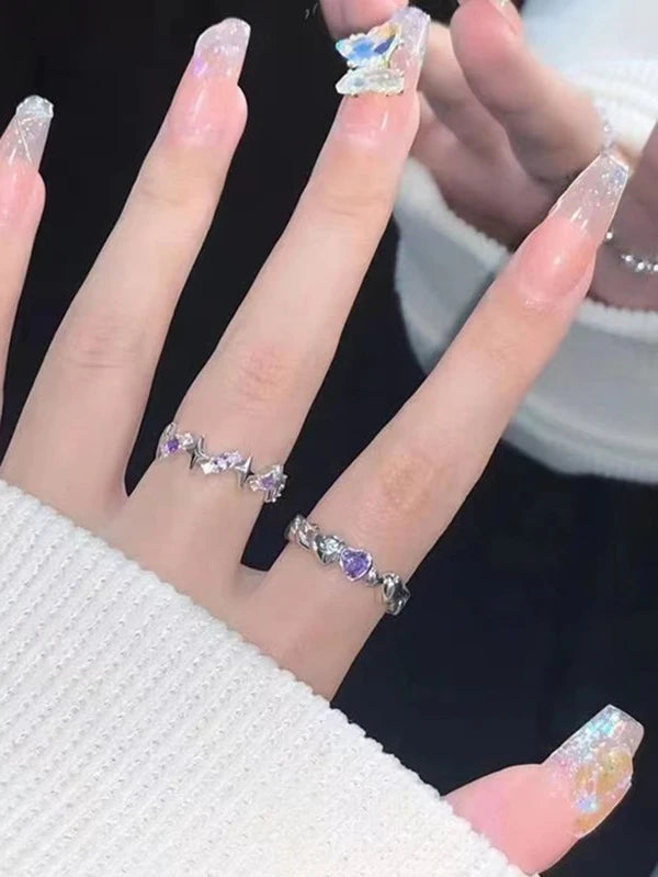 7367 b03-13 Dos piezas Anillo de moda aleación de zinc abierto ajustable con corazón con púrpura zirconia cúbica
