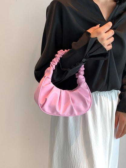 6359 a11-01 Mini bolso de mano monocromático en forma de nube con detalle de pliegues para mujer rosa