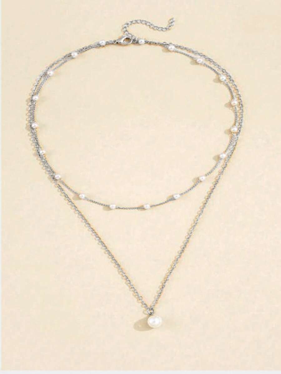 7939 b03-18 Una pieza Collar amable viento perla de imitación multicapas para mujeres