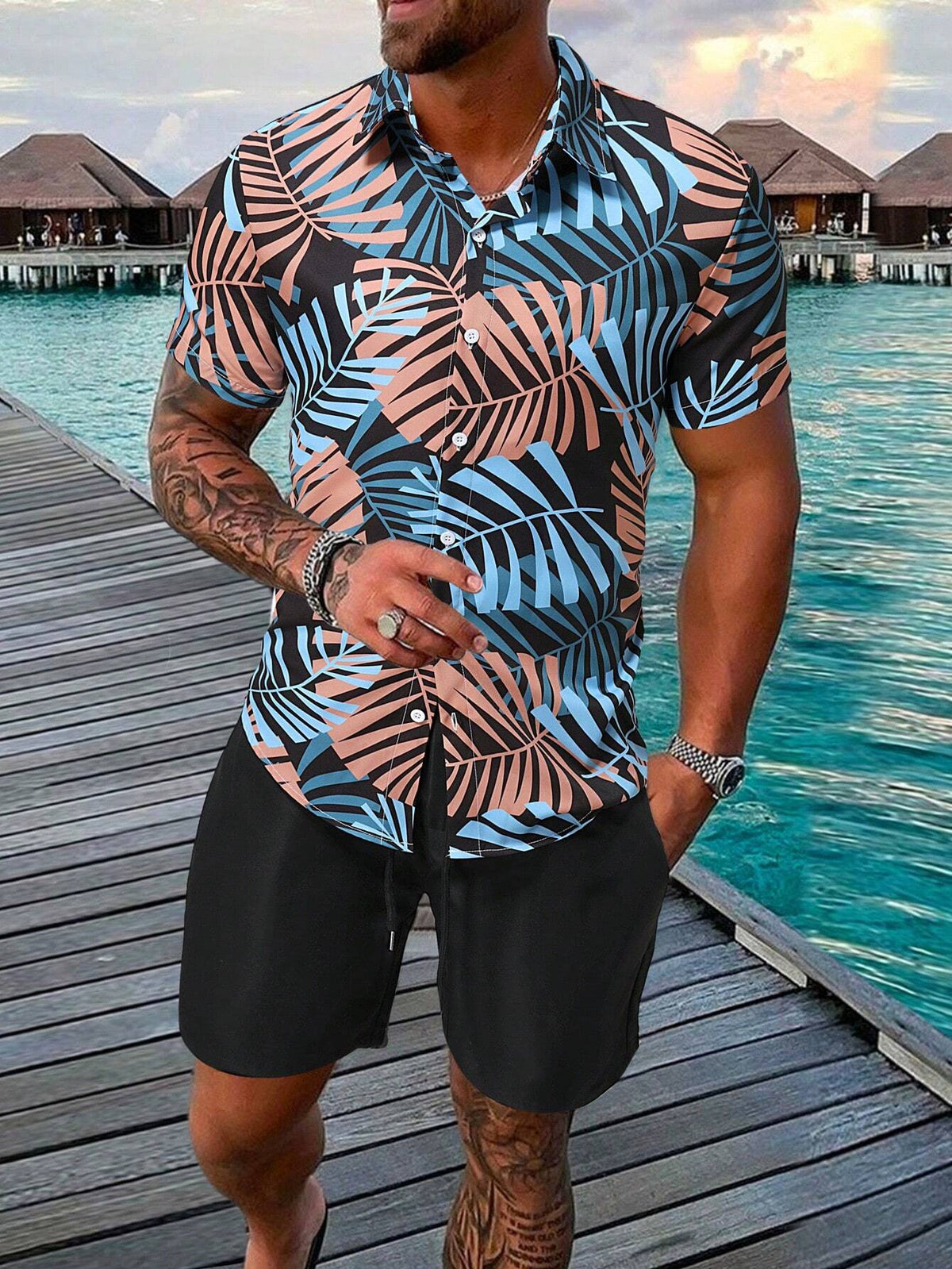 6910 a06-03 Manfinity Hombres con estampado tropical Camisa & de cintura con cordón Shorts
