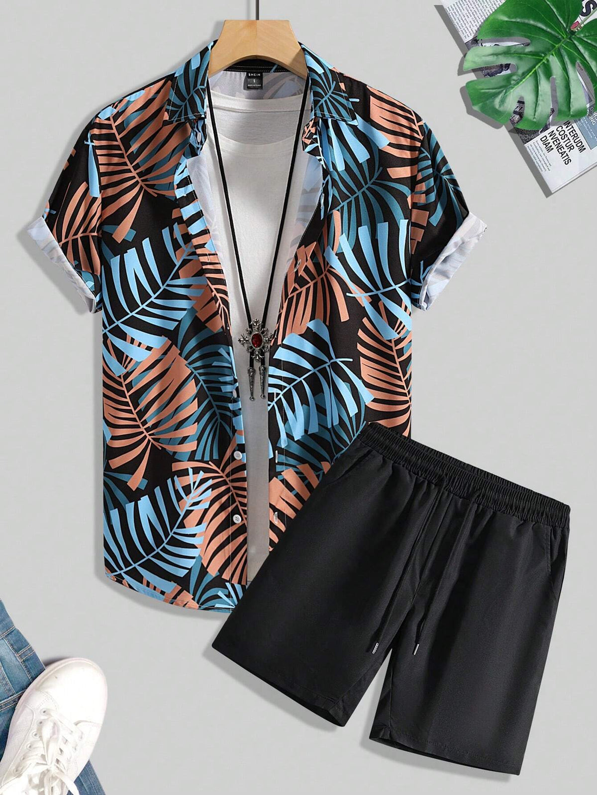 6910 a06-03 Manfinity Hombres con estampado tropical Camisa & de cintura con cordón Shorts
