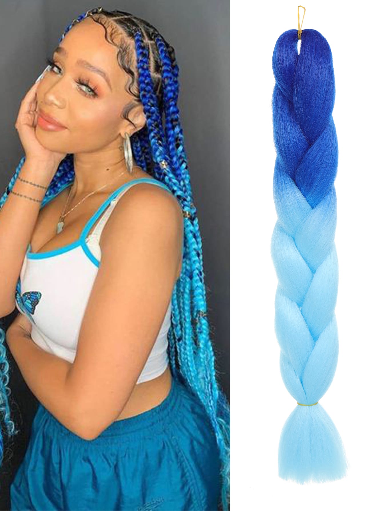 6003 1c-02-06 Extensión del pelo 24 pulgadas sintético fibra de ombré azul trenzado