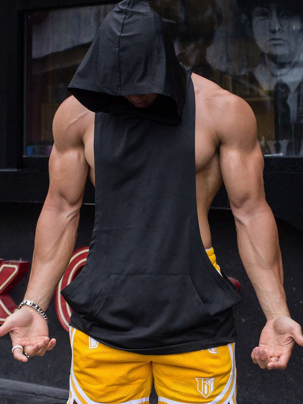 9320 1t-006 Bvd deportivo unicolor con capucha con bolsillo de canguro con cordón