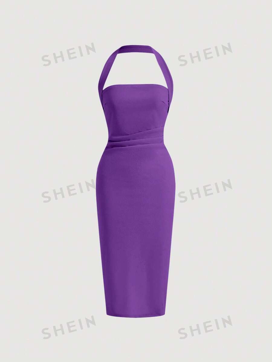 15224 1a-011 Vestido ajustado unicolor de cuello halter de espalda abierta