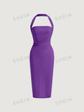 15224 1a-011 Vestido ajustado unicolor de cuello halter de espalda abierta