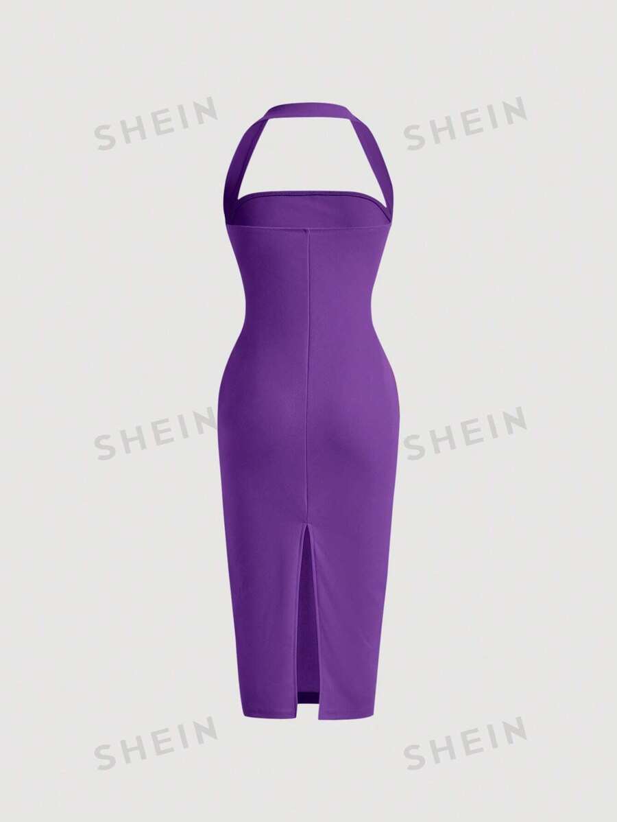 15224 1a-011 Vestido ajustado unicolor de cuello halter de espalda abierta