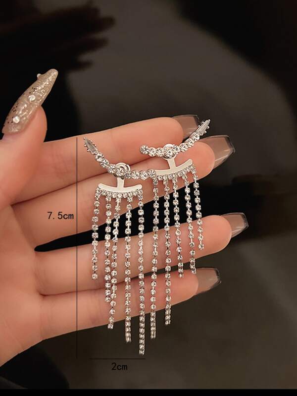 8018 a09-13 Pendientes largos con diamante de imitación con fleco