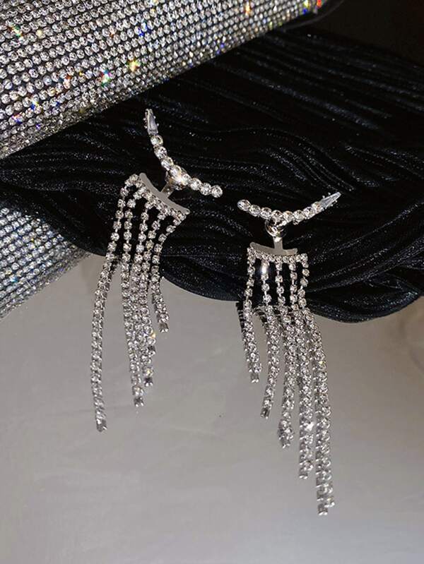 8018 a09-13 Pendientes largos con diamante de imitación con fleco