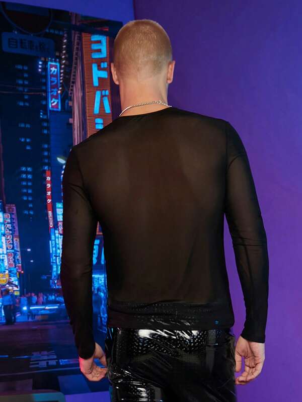 7795 1t-396 Top de cuello notch de malla transparente