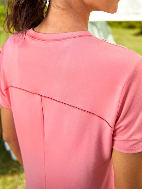 6054 a05-04 Camiseta de manga corta suave y cómoda para exteriores para mujer con diseño de costura