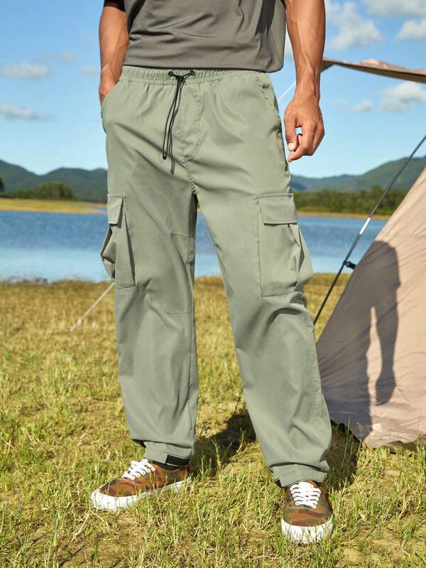 4080 Pantalones cargo con bolsillo lateral con solapa de cintura con cordón