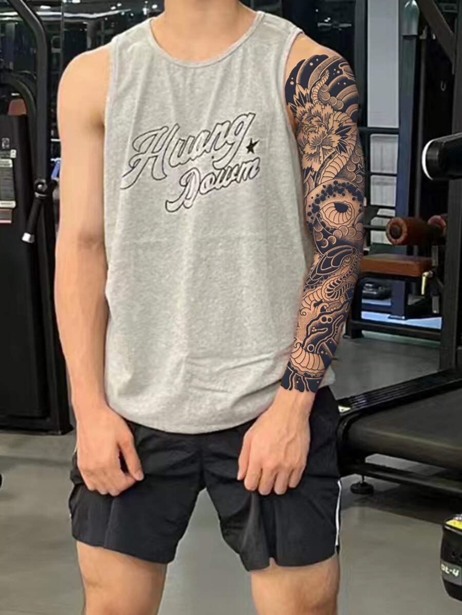 7904 1b-02-08 Etiqueta engomada del tatuaje temporal del brazo completo con estampado de serpiente y flor impermeable