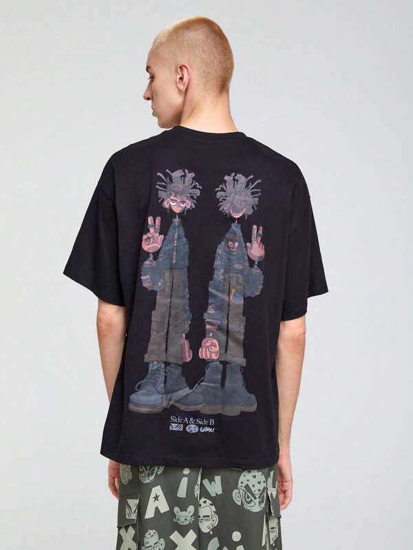 7419 1t-006 Camiseta de hombros caídos con estampado de dibujos animados