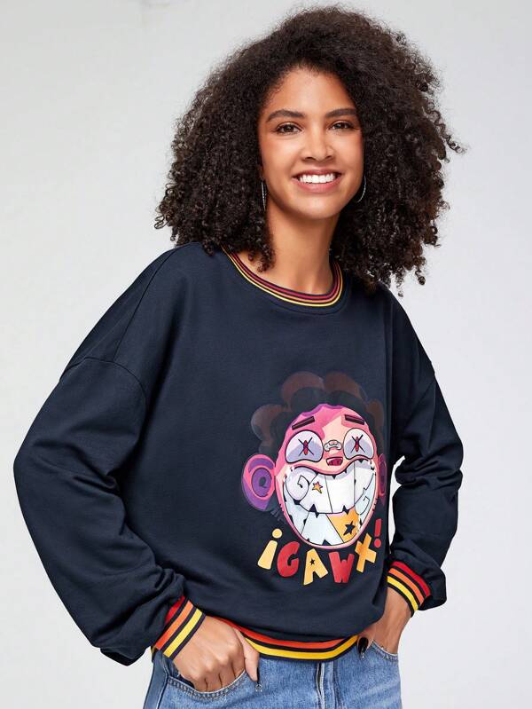 7433 1t-007 Polera con estampado de dibujos animados ribete de rayas de hombros caídos