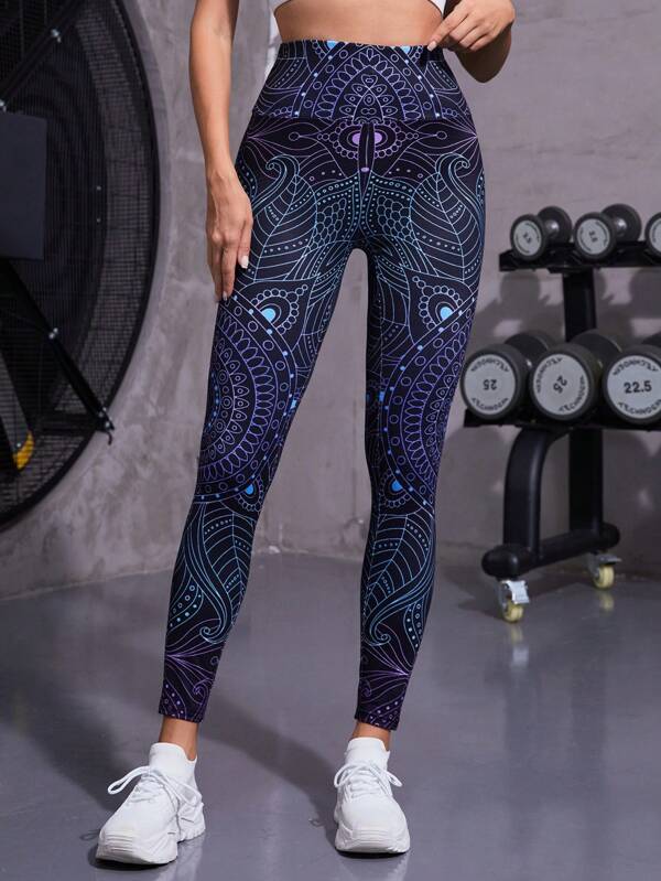 6612 1t-011 Leggings deportivos con estampado de cintura ancha