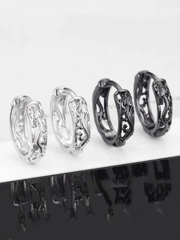 7845 1b-073 Set 2 piezas Pendientes negro vintage dragón chino para hombres