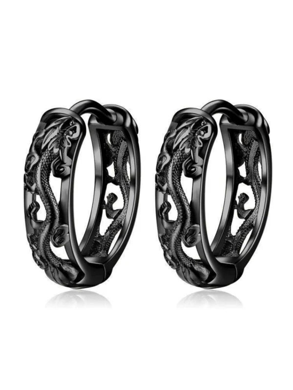 7845 1b-073 Set 2 piezas Pendientes negro vintage dragón chino para hombres