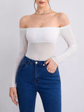 5722 Top de hombros descubiertos unicolor de malla transparente