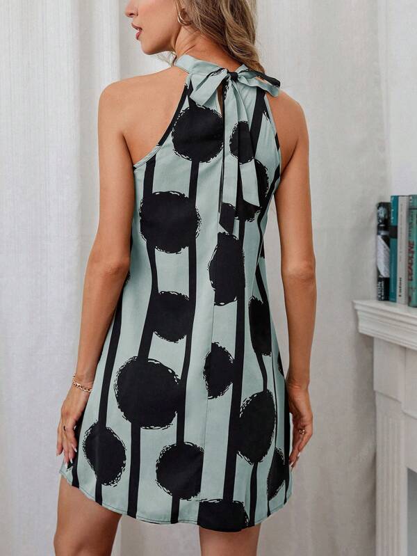 7765 1a-042 Vestido de rayas & con estampado de lunares de cuello halter