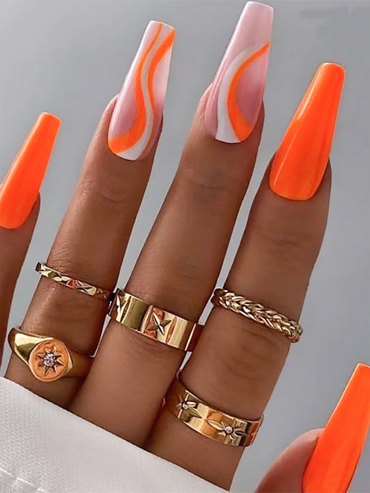 4163 1t-002 Set 24 Uñas postizas con patrón naranja