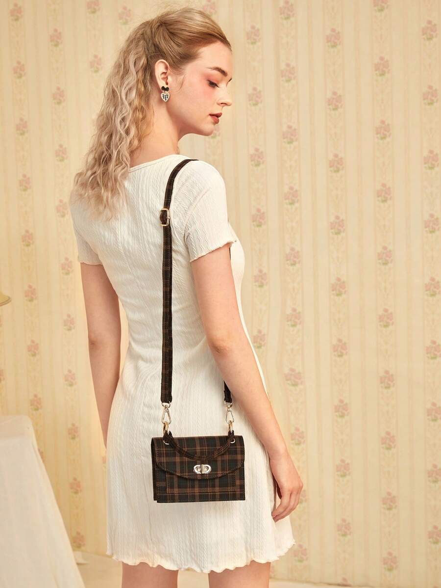 8225 1t-002 Bolso de mujer de moda con forma cuadrada y tapa abatible a cuadros