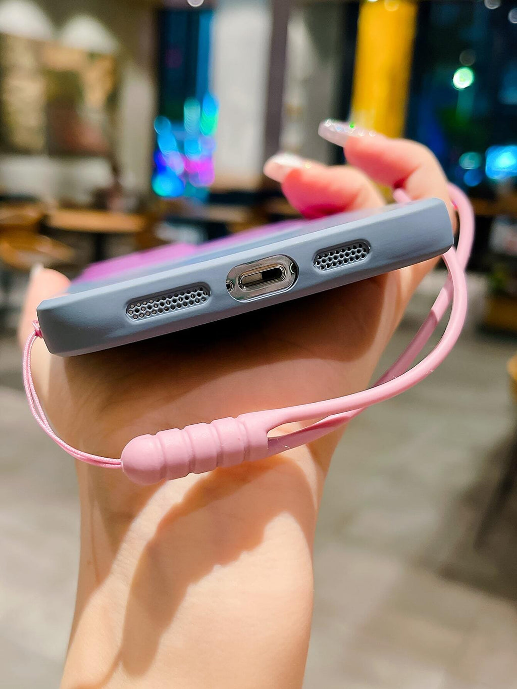 8376 2t-014 Funda De Teléfono Con Pintura Degradada Con Cuerda De Silicona Rosa
