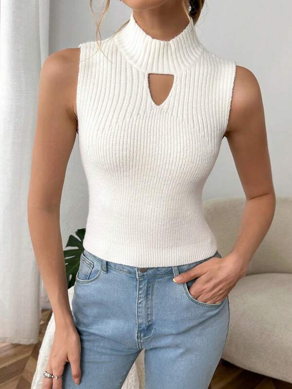 7088 1t-007 Top tejido crop con abertura de cuello alto