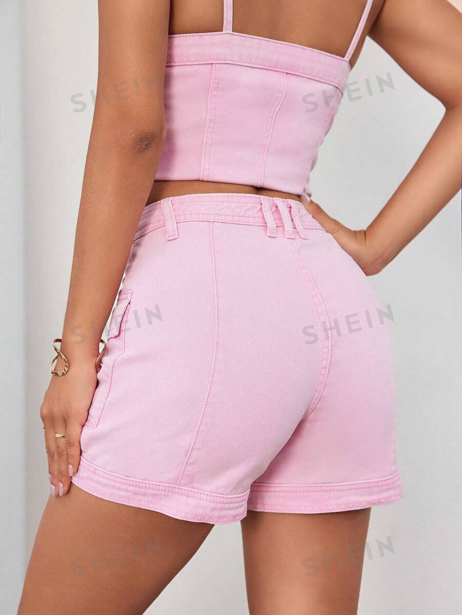 10067 1t-395 Shorts en mezclilla con bolsillo con solapa con cremallera