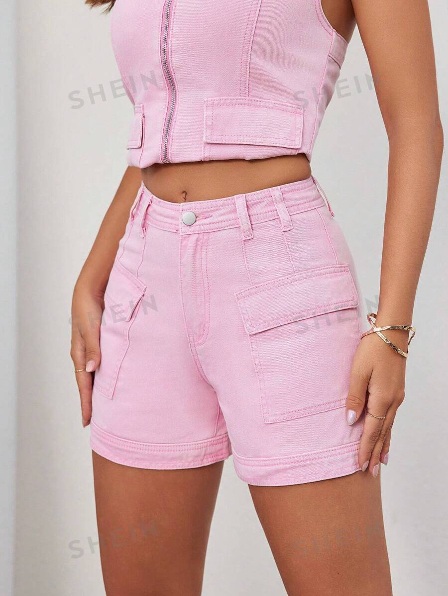 10067 1t-395 Shorts en mezclilla con bolsillo con solapa con cremallera