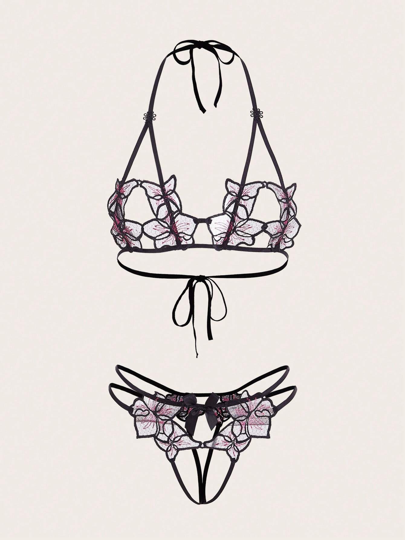 8982 ID-015 Set de lencería aplique floral con abertura