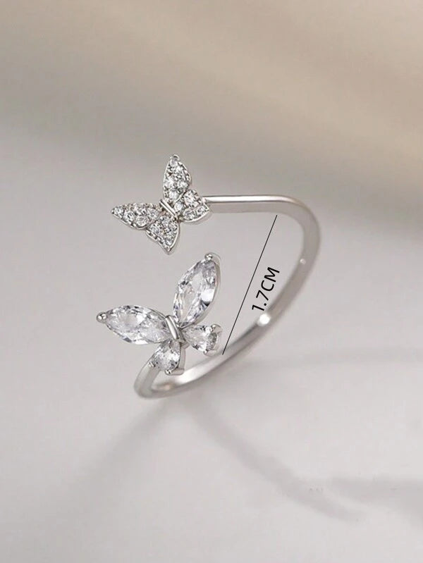 7365 b03-13 pieza Anillo elegante zirconia cúbica doble en forma de mariposa abierto ajustable para mujeres