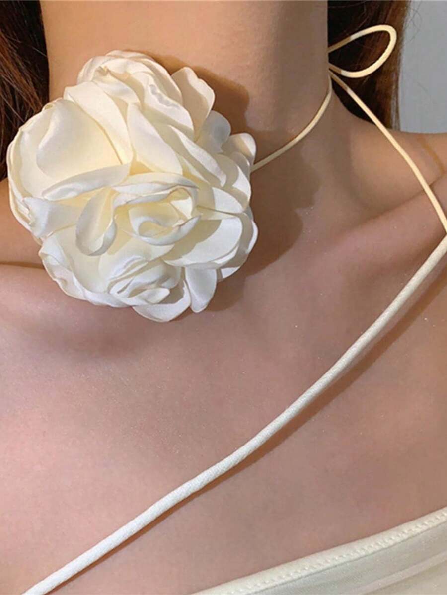 9406 1b-004 Gargantilla con lazo y flores de tela para mujer