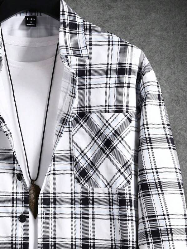6553 1a-025 Hombres Camisa con estampado de cuadros de hombros caídos sin camiseta