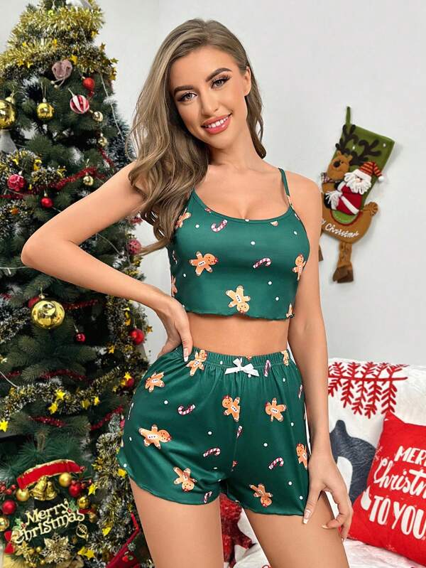 6199 a03-04 Conjunto de pijama Navidad hombre de pan de jengibre con estampado ribete en forma de lechuga
