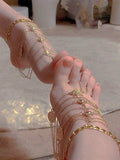 6605 1b-05-02 Una Pulsera tobillera de cadena estilo bohemio tono dorado multicapas para fiesta