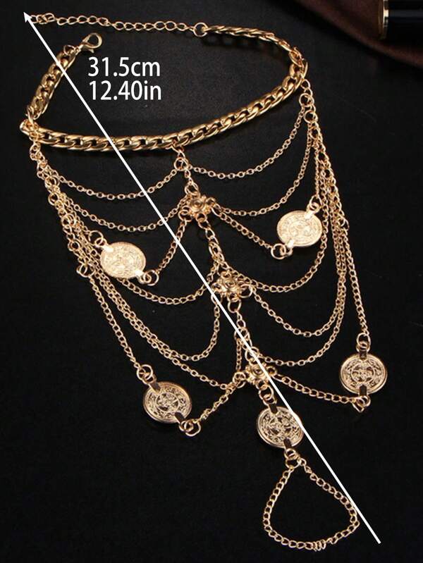 6605 1b-05-02 Una Pulsera tobillera de cadena estilo bohemio tono dorado multicapas para fiesta