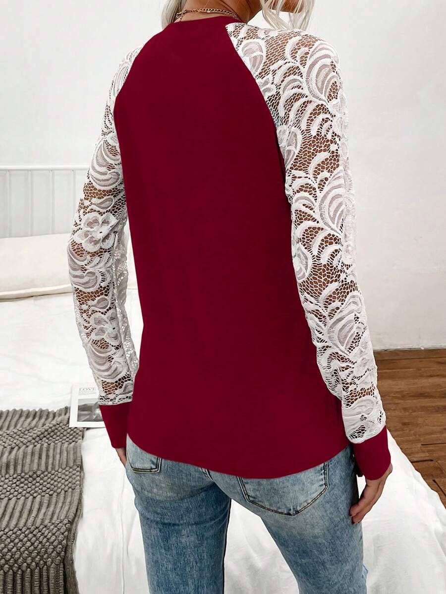 9392 1t-007 Camiseta con encaje en contraste de manga raglán