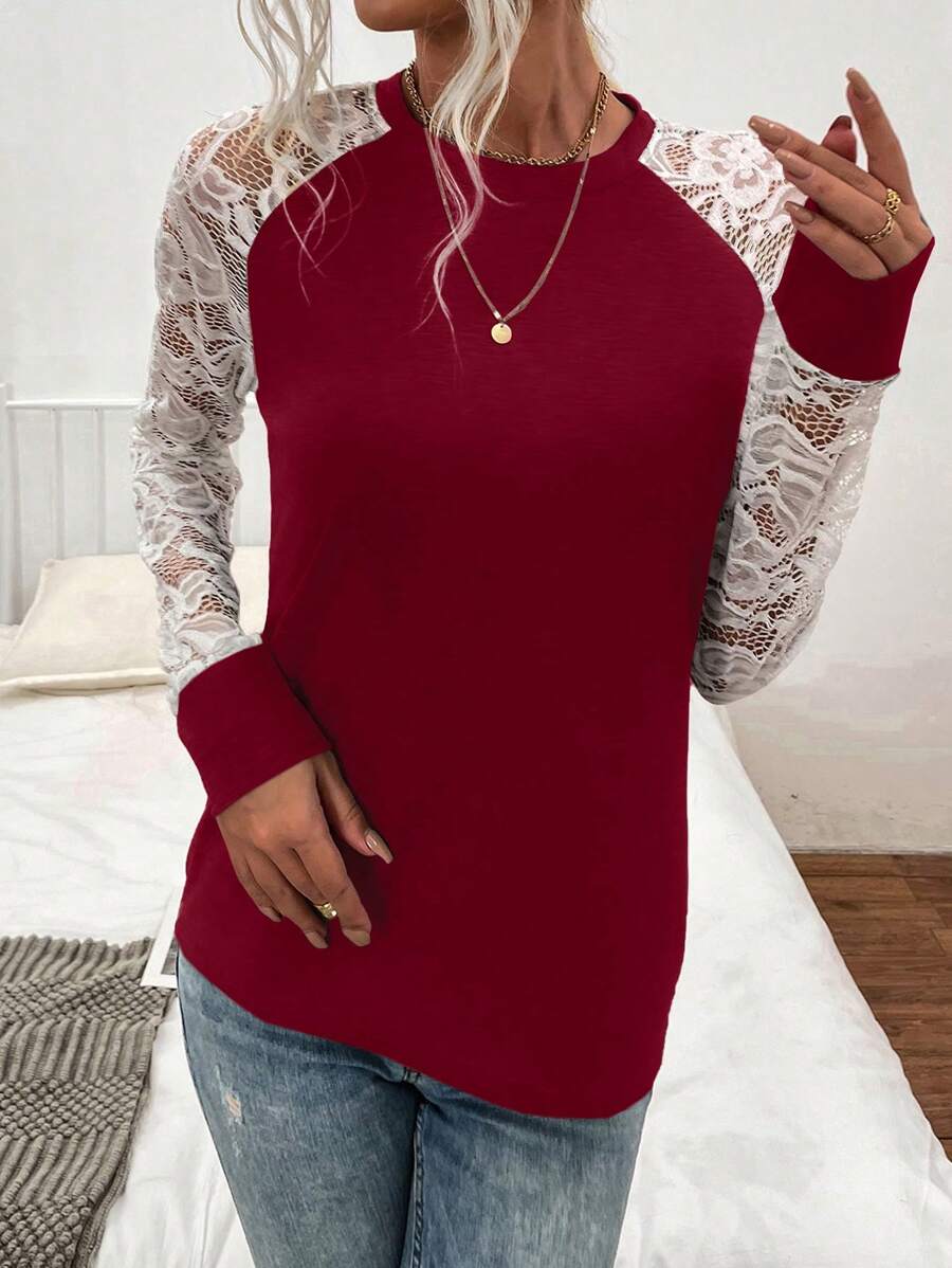 9392 1t-007 Camiseta con encaje en contraste de manga raglán
