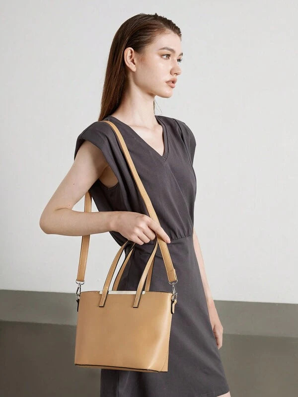 8118 1t-002 Bolso tote de hombro pequeño caqui doble asa