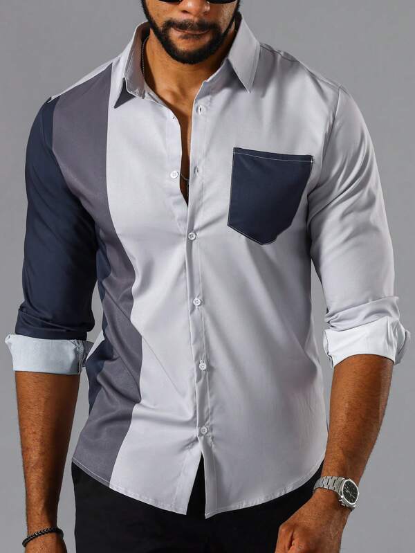 8217 1t-006 Camisa de color combinado con parche de bolsillo