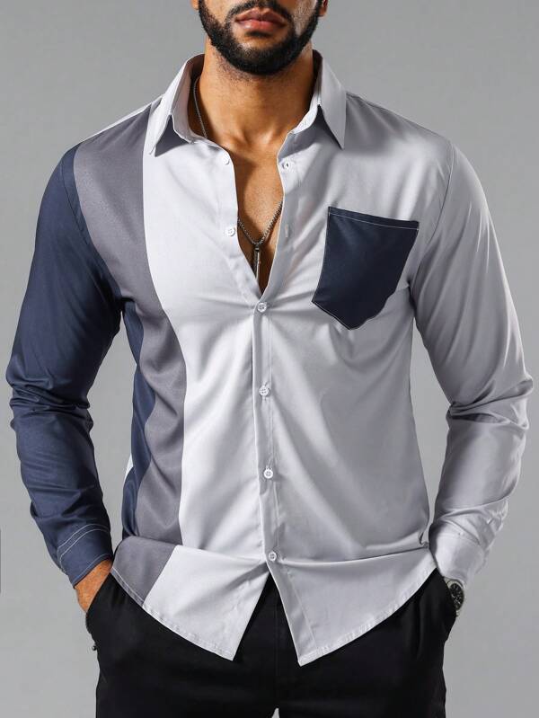 8217 1t-006 Camisa de color combinado con parche de bolsillo