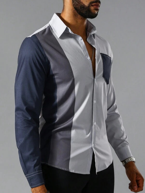7630 1a-03-05 Camisa de color combinado con parche de bolsillo