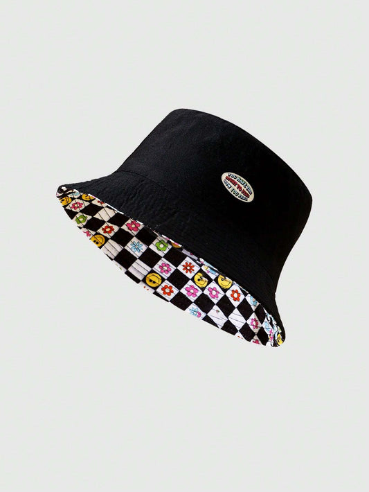 5672 1t-002 Sombrero cubo reversible estilo callejero de cuadros & cara patrón para hombres