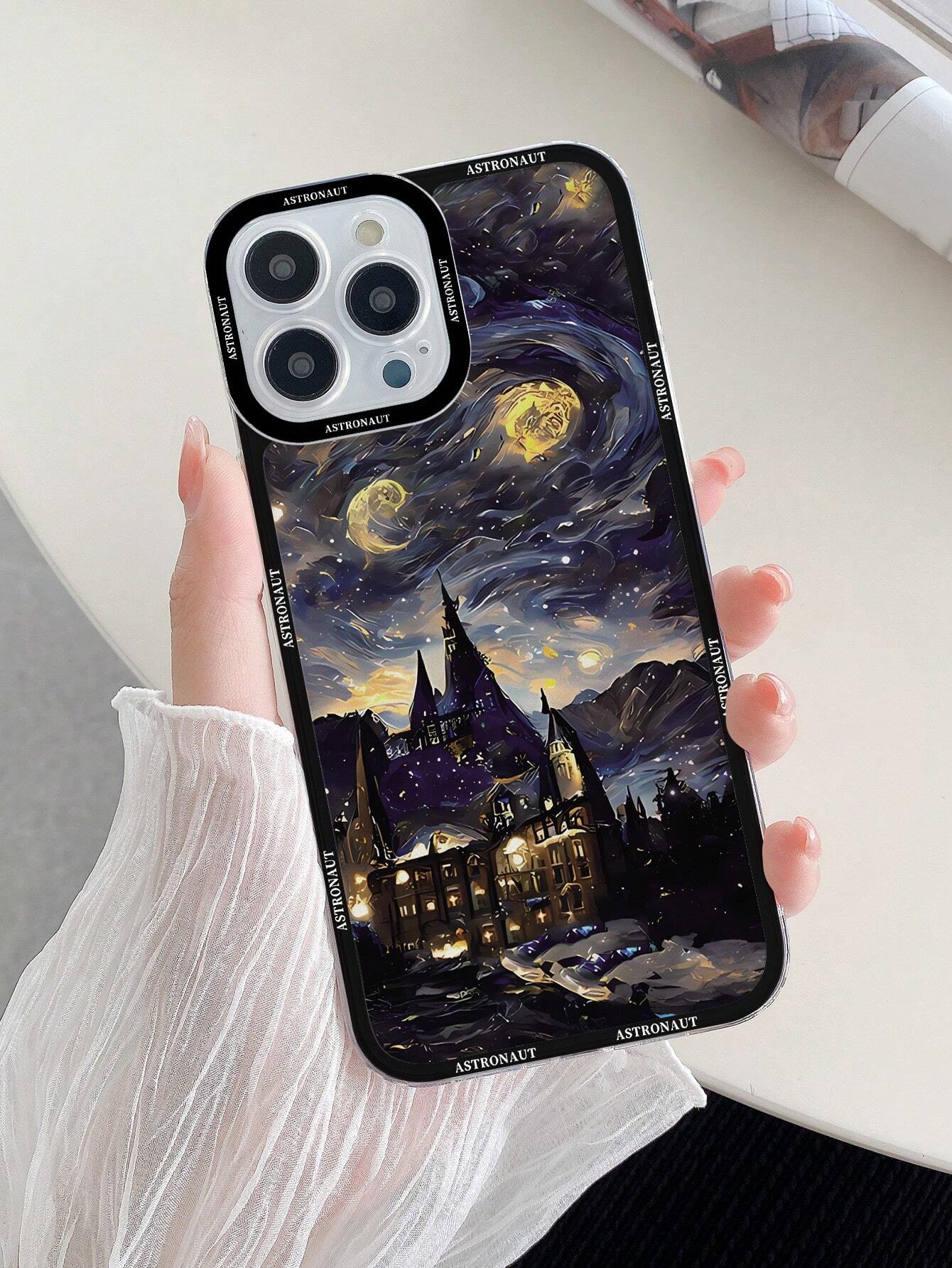 7076 2t-014 Funda Transparente Para Teléfono De Tpu Con Un Patrón De Castillo Similar A Una Pintura Al Óleo