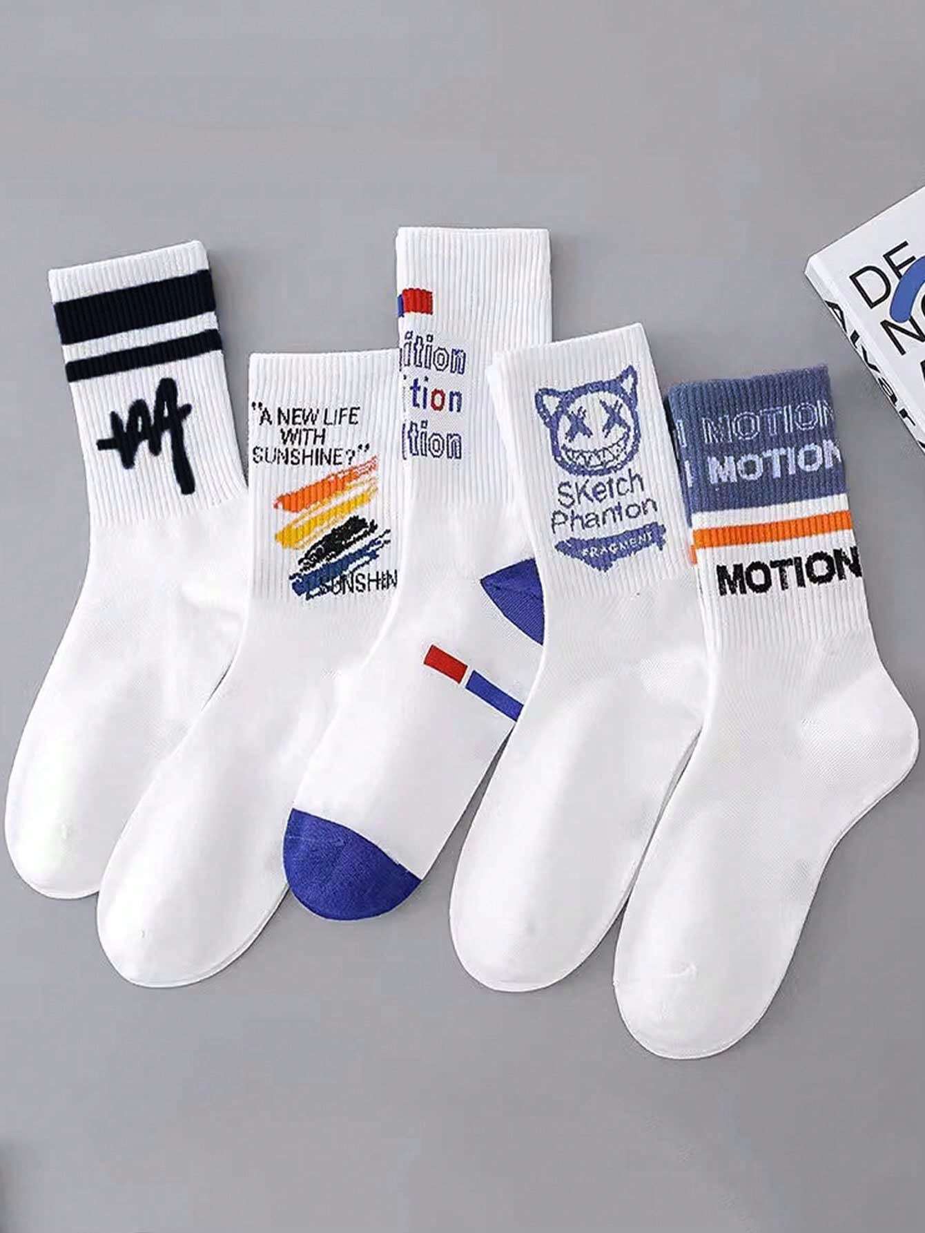 7215 a07-10 Cinco Pares De Calcetines Estilo Callejero A Media Pantorrilla Azul Y Blanco A La Moda Para Parejas