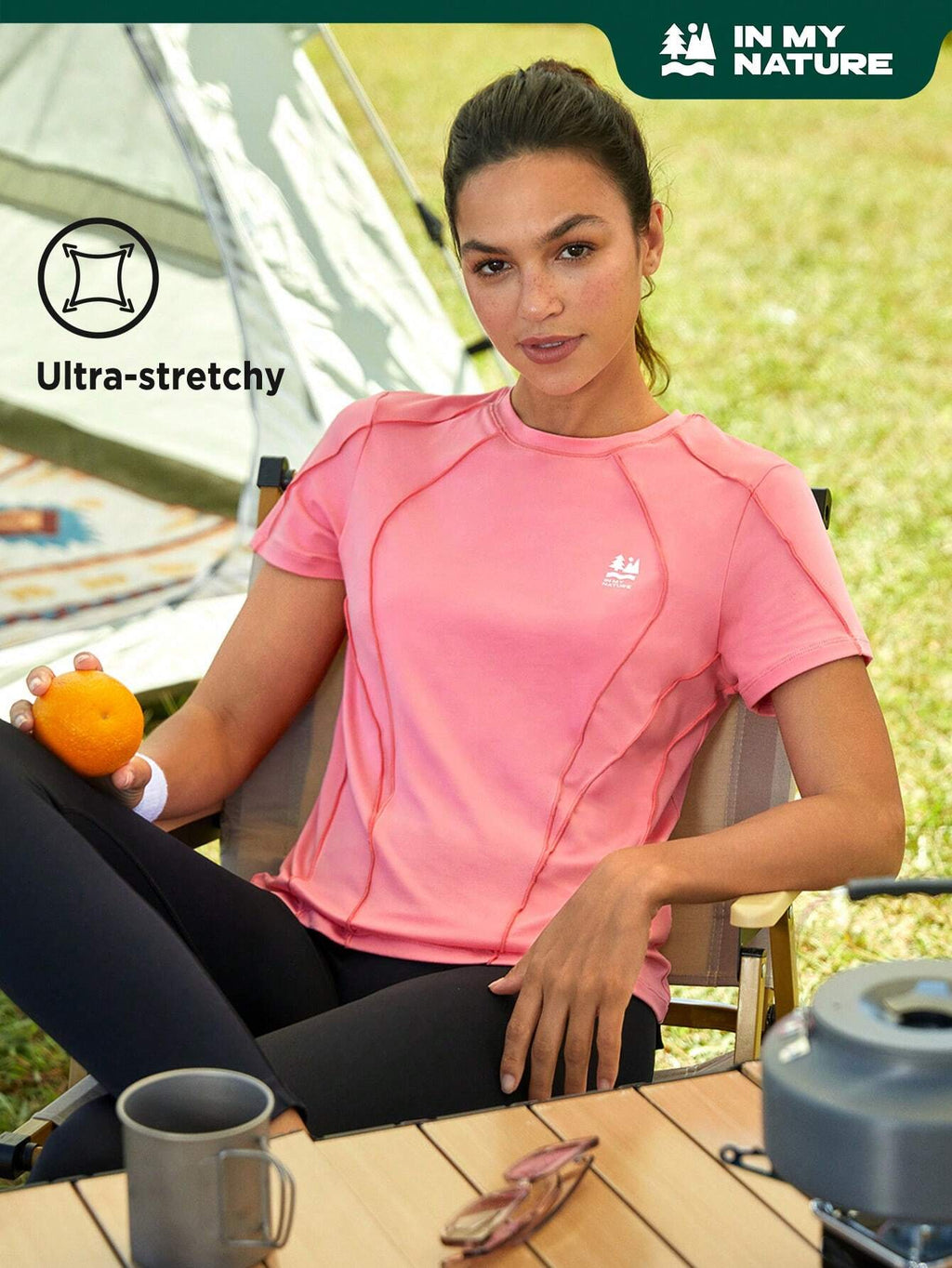 6054 a05-04 Camiseta de manga corta suave y cómoda para exteriores para mujer con diseño de costura