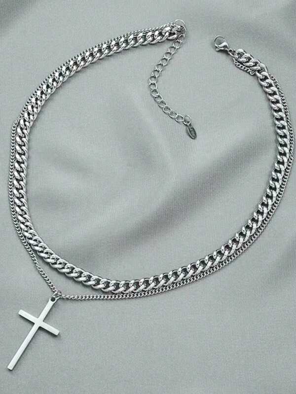 6044 Una pieza Collar de cadena de moda simple colgante Cruz aleación de zinc a doble capas para de hombres uso diario