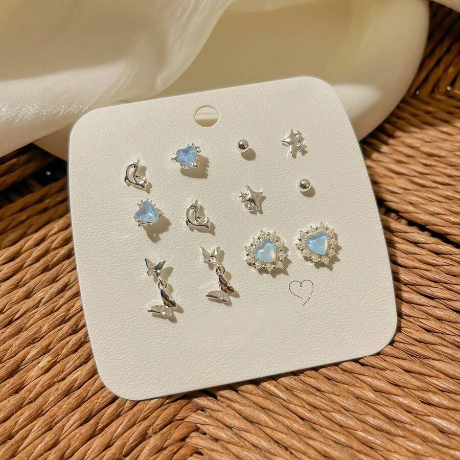 11344 B03-13  6 par/set de pendientes con diseño de corazón y mariposa de cristal